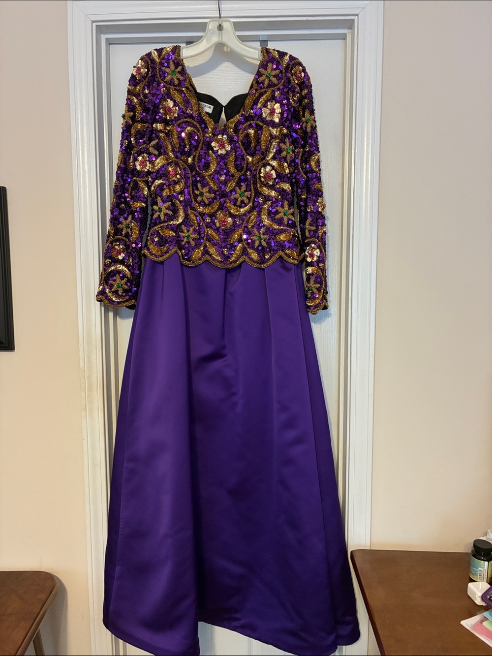 George F Couture size 6 Beaded Purple Prom Gown with Sequined Bodice long sleeve